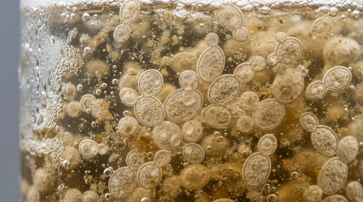 Macro close-up of DorOne yeast actively fermenting